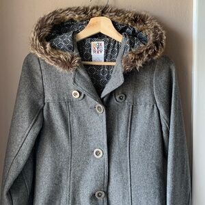 ROXY Gray Wool Faux Fur Hooded Coat